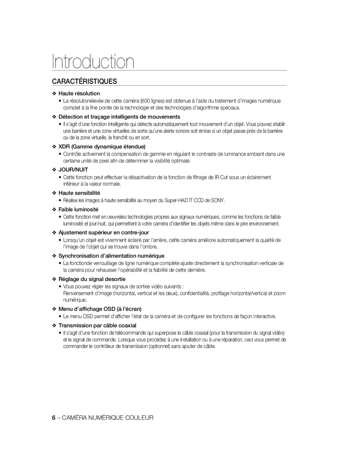 Samsung SCC-B2333BP, SCC-B2033P, SCC-B2333P, SCC-B2033BP manual Caractéristiques, Jour/Nuit 