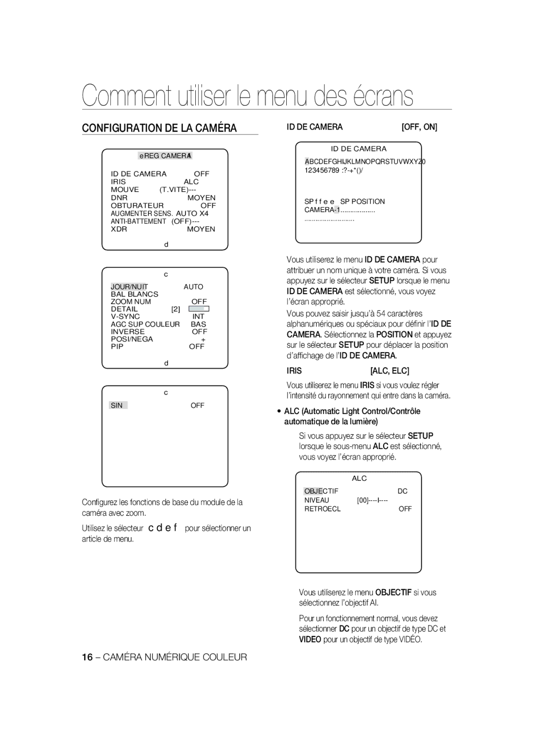 Samsung SCC-B2033P, SCC-B2333P, SCC-B2333BP, SCC-B2033BP manual Configuration DE LA Caméra, ID DE CAMERAOFF, on 