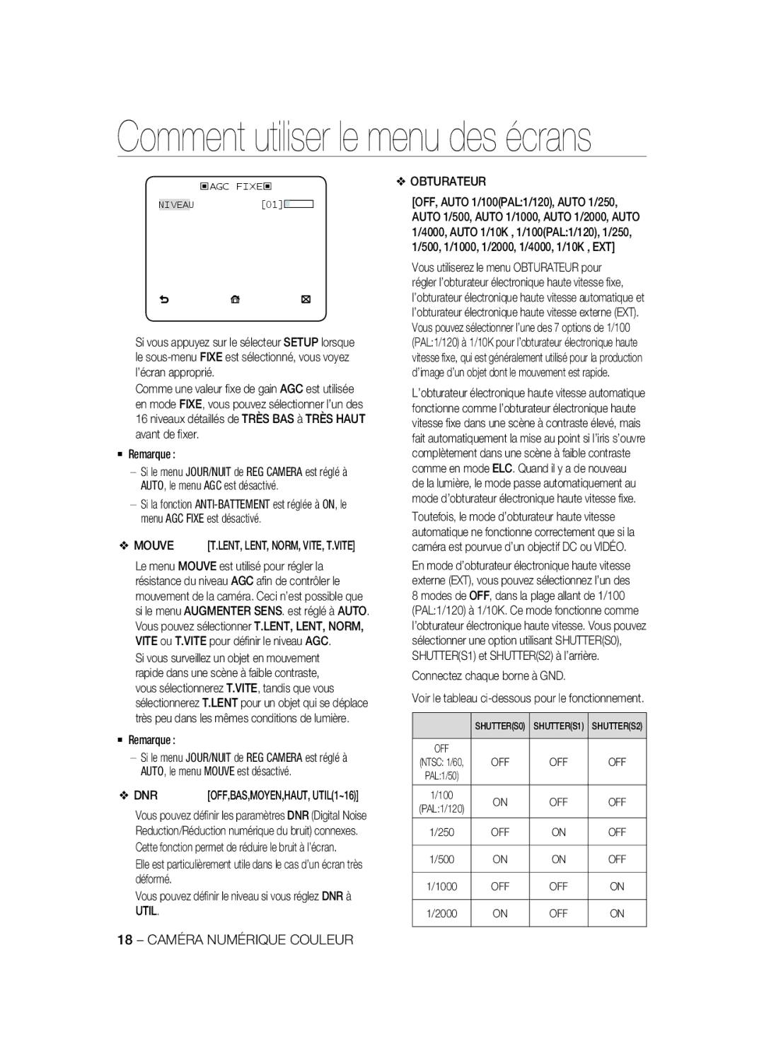 Samsung SCC-B2333BP, SCC-B2033P, SCC-B2333P, SCC-B2033BP manual Mouve, Obturateur, Connectez chaque borne à GND 