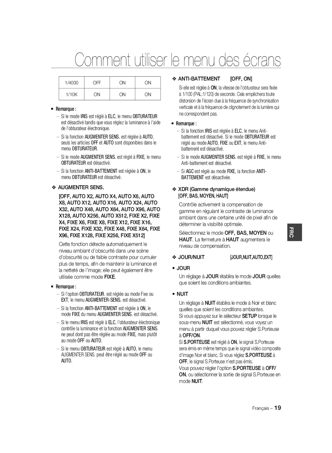 Samsung SCC-B2033BP, SCC-B2033P, SCC-B2333P, SCC-B2333BP manual Augmenter Sens, Jour, Nuit, Off/On, Anti-Battement 