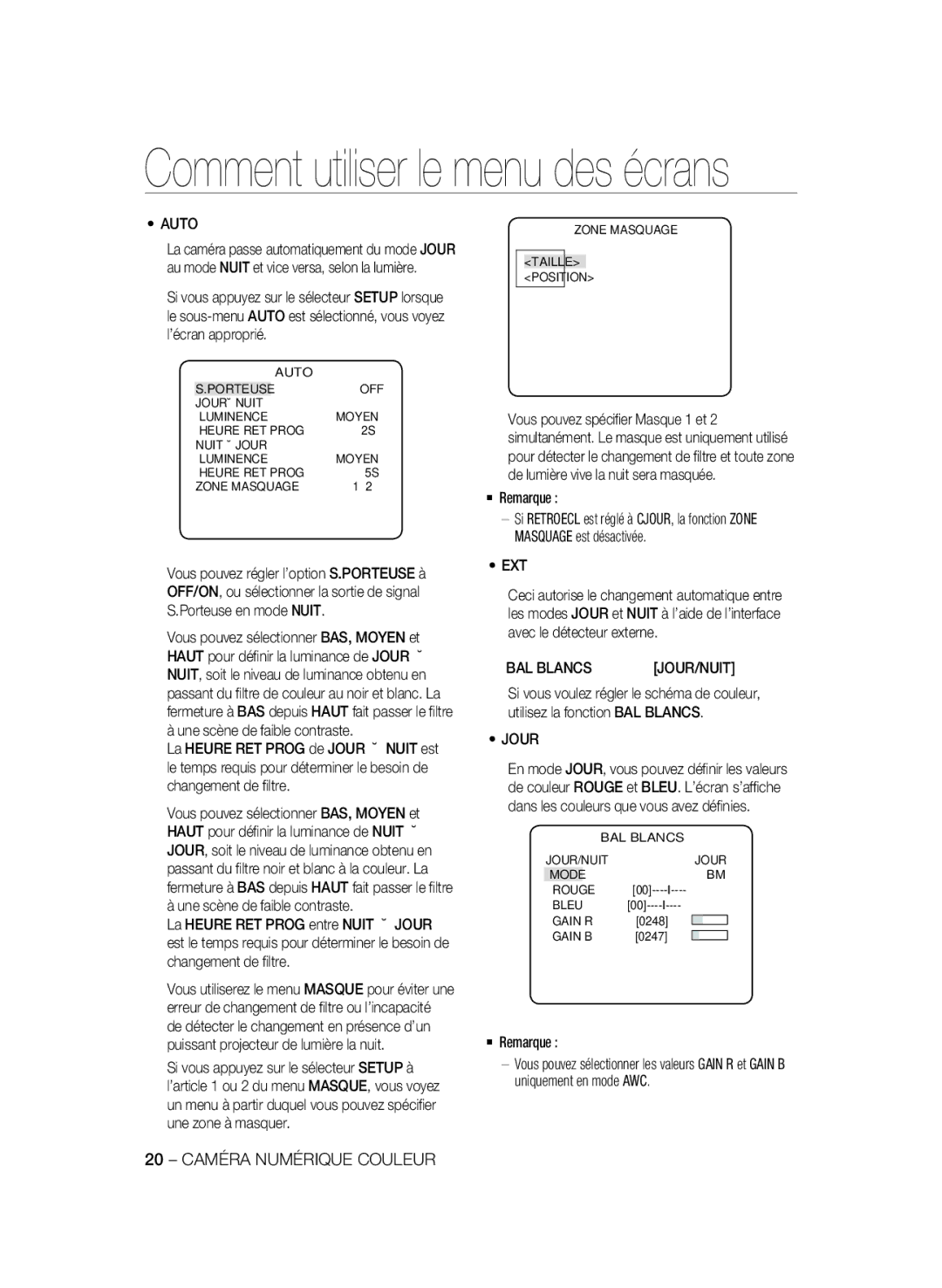 Samsung SCC-B2033P, SCC-B2333P, SCC-B2333BP, SCC-B2033BP manual BAL Blancs, Jour/Nuit 