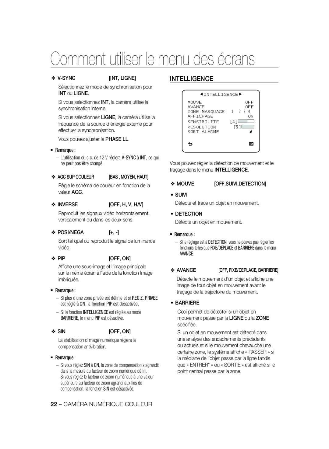 Samsung SCC-B2333BP, SCC-B2033P, SCC-B2333P, SCC-B2033BP manual Inverse, OFF, on, Suivi, Avance, Barriere 