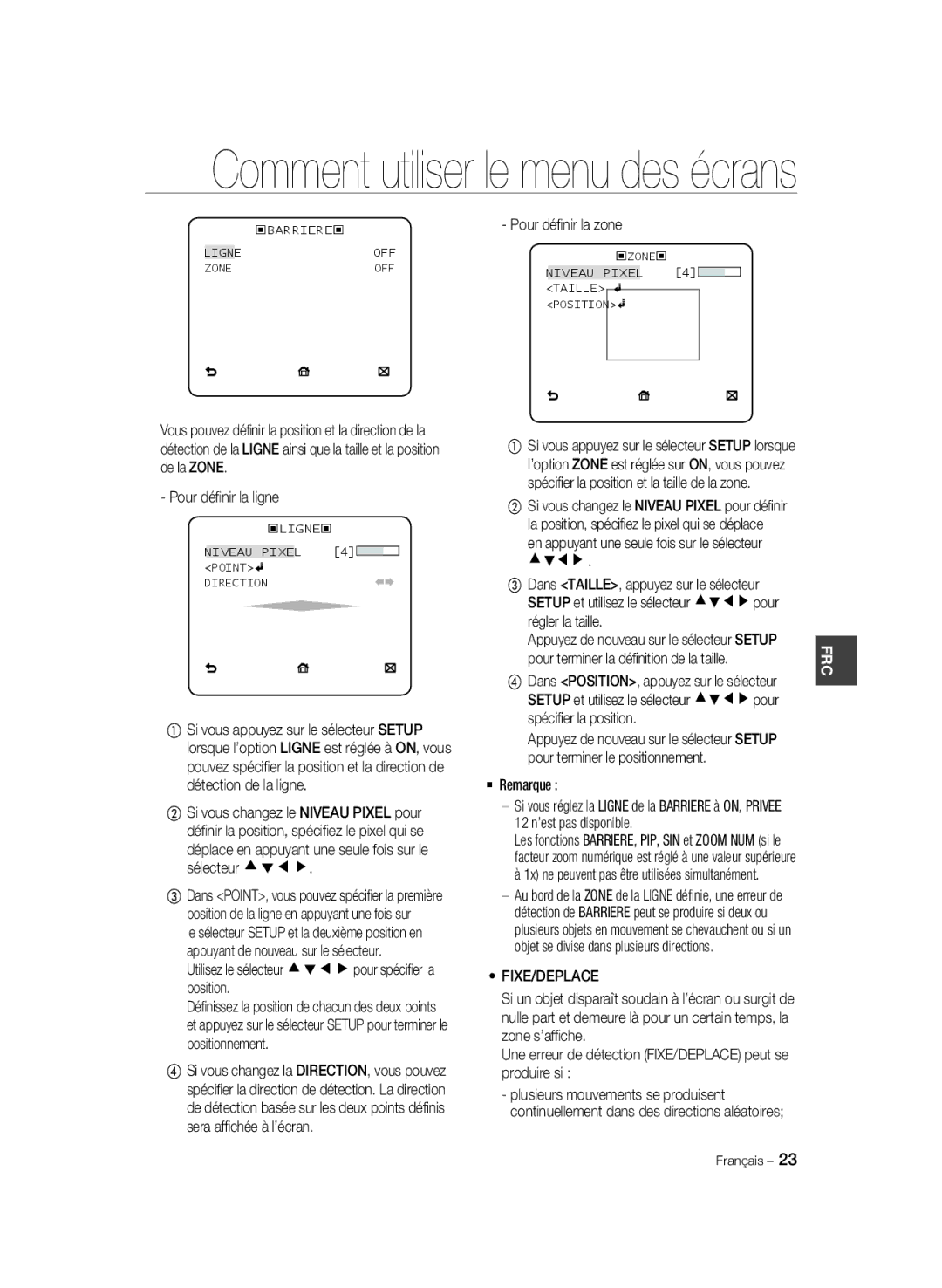 Samsung SCC-B2033BP, SCC-B2033P, SCC-B2333P, SCC-B2333BP manual Fixe/Deplace 