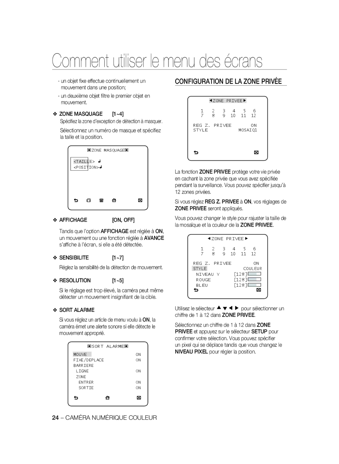 Samsung SCC-B2033P manual Un deuxième objet ﬁltre le premier objet en mouvement, Zone Masquage 1~4, Affichage, Sensibilite 