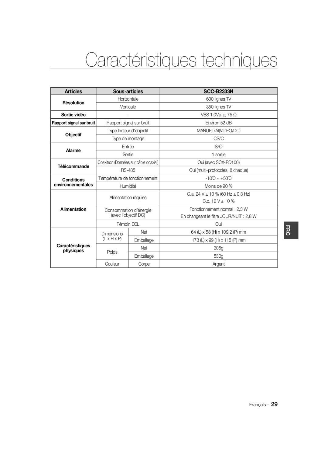 Samsung SCC-B2333P, SCC-B2033P, SCC-B2333BP, SCC-B2033BP manual Caractéristiques techniques 