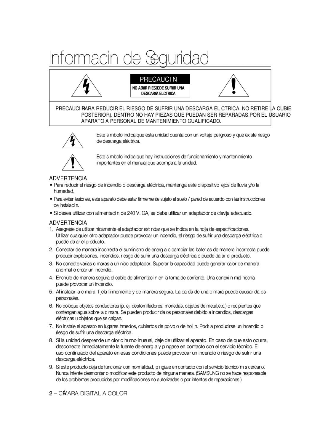 Samsung SCC-B2333BP, SCC-B2033P, SCC-B2333P, SCC-B2033BP manual Información de Seguridad, Advertencia, Cámara Digital a Color 