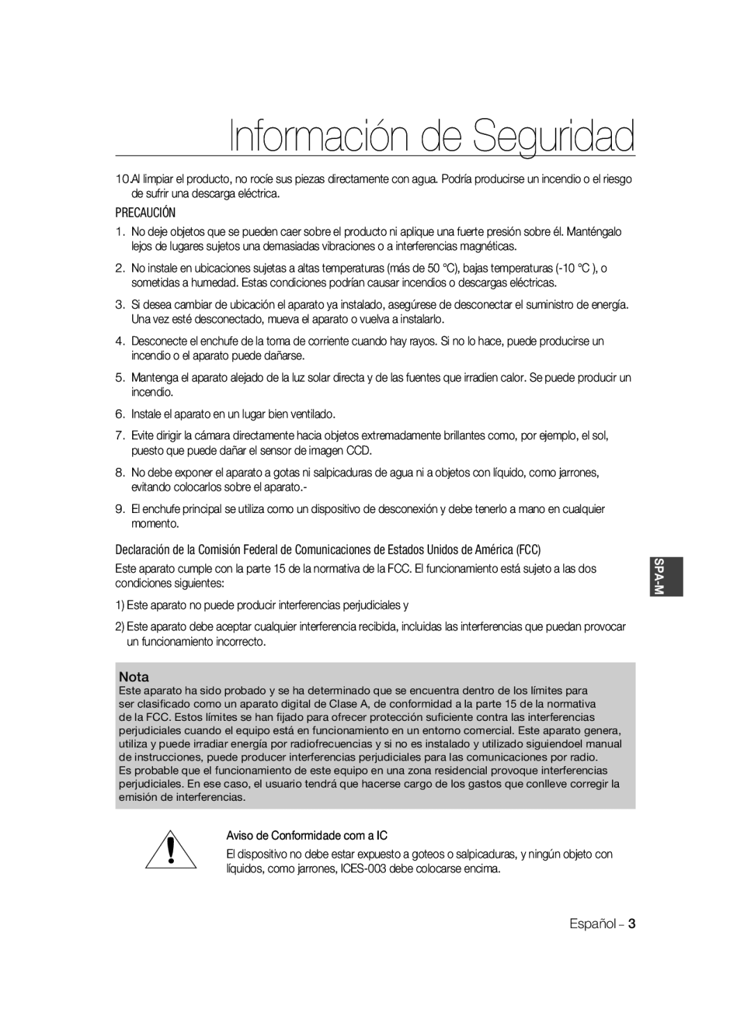 Samsung SCC-B2033BP, SCC-B2033P, SCC-B2333P, SCC-B2333BP manual Precaución, Aviso de Conformidade com a IC, Español 