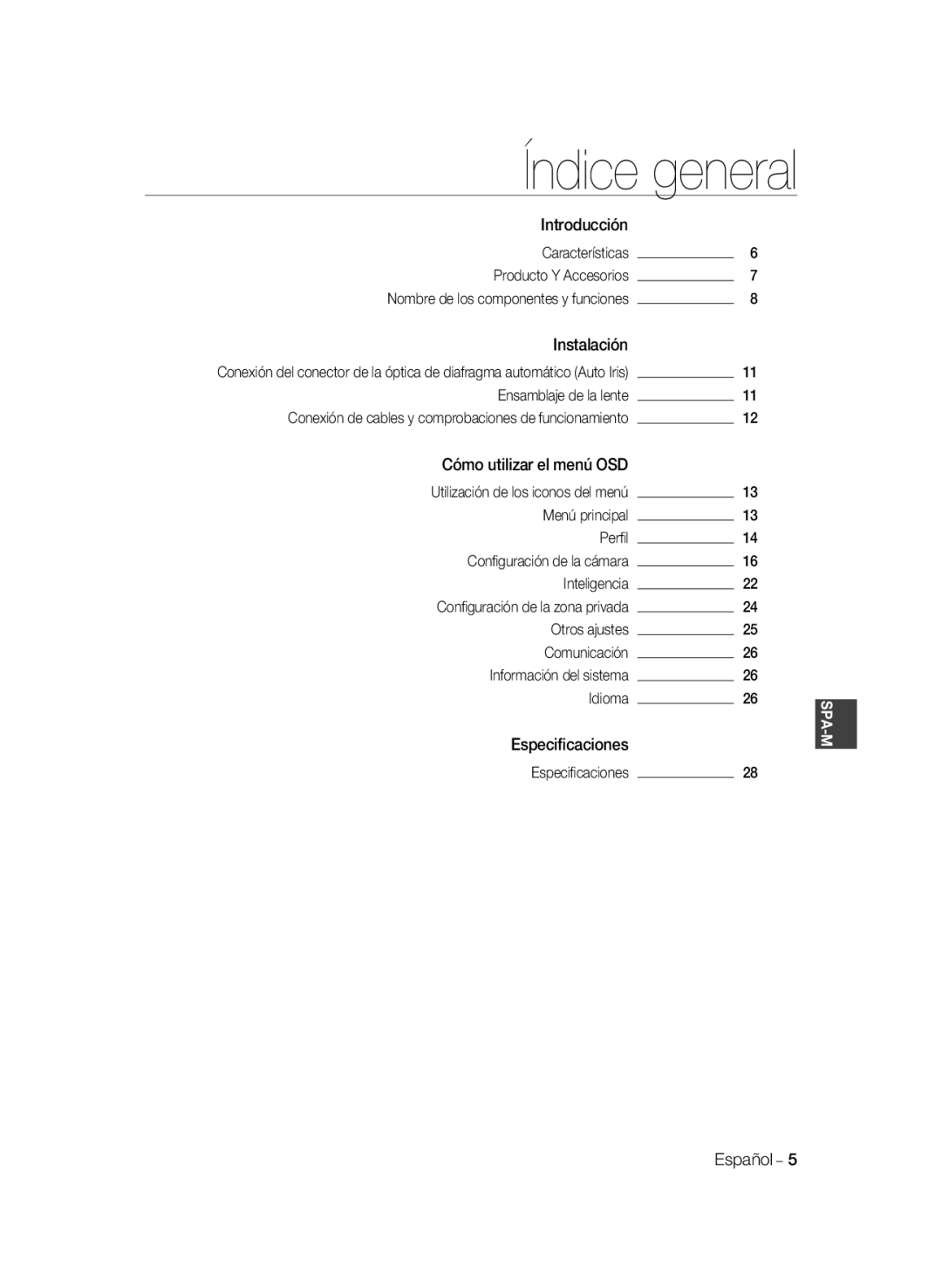 Samsung SCC-B2333P, SCC-B2033P, SCC-B2333BP, SCC-B2033BP manual Índice general 