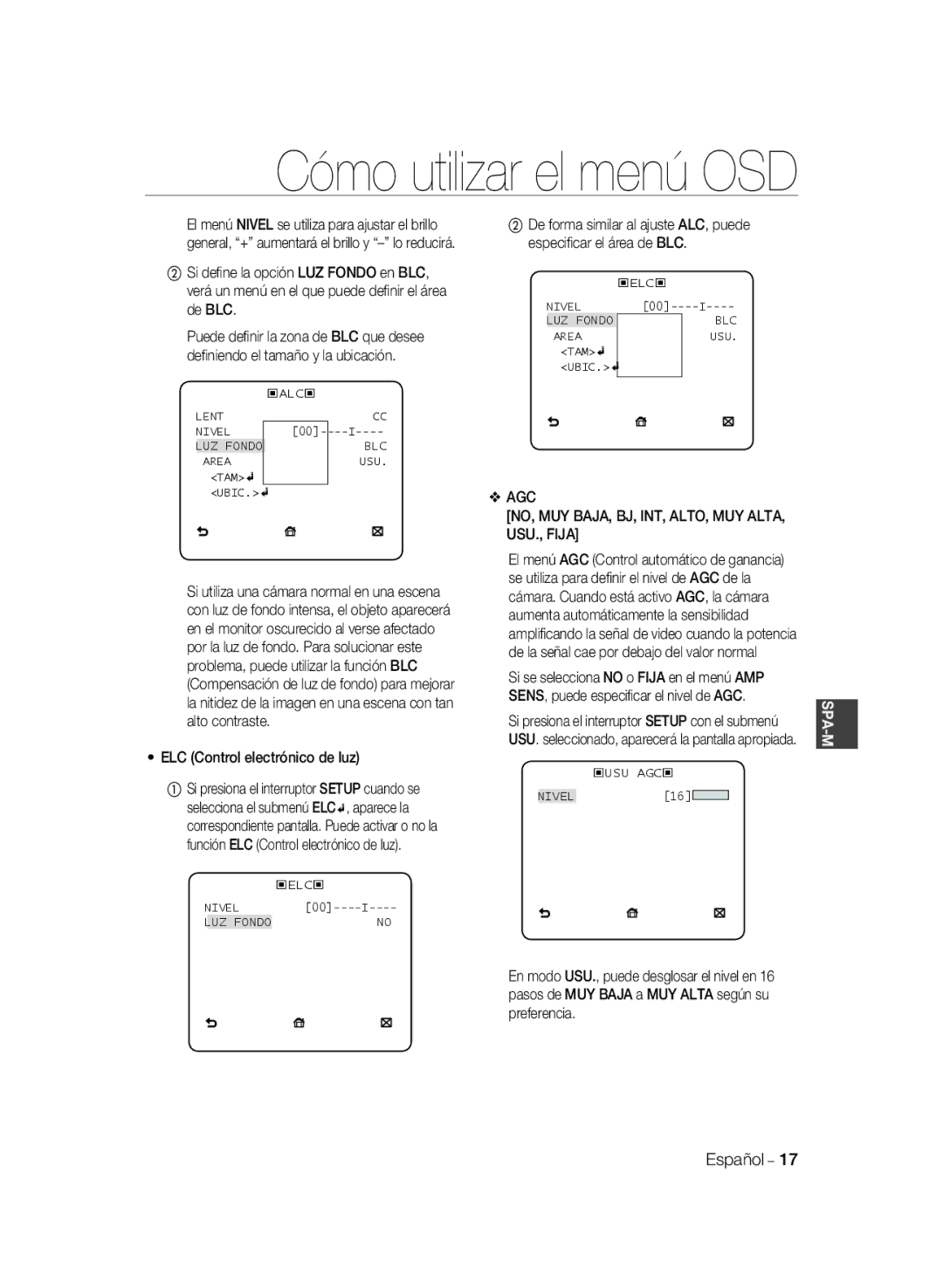 Samsung SCC-B2333P, SCC-B2033P manual ELC Control electrónico de luz, AGC NO, MUY BAJA, BJ, INT, ALTO, MUY ALTA, USU., Fija 