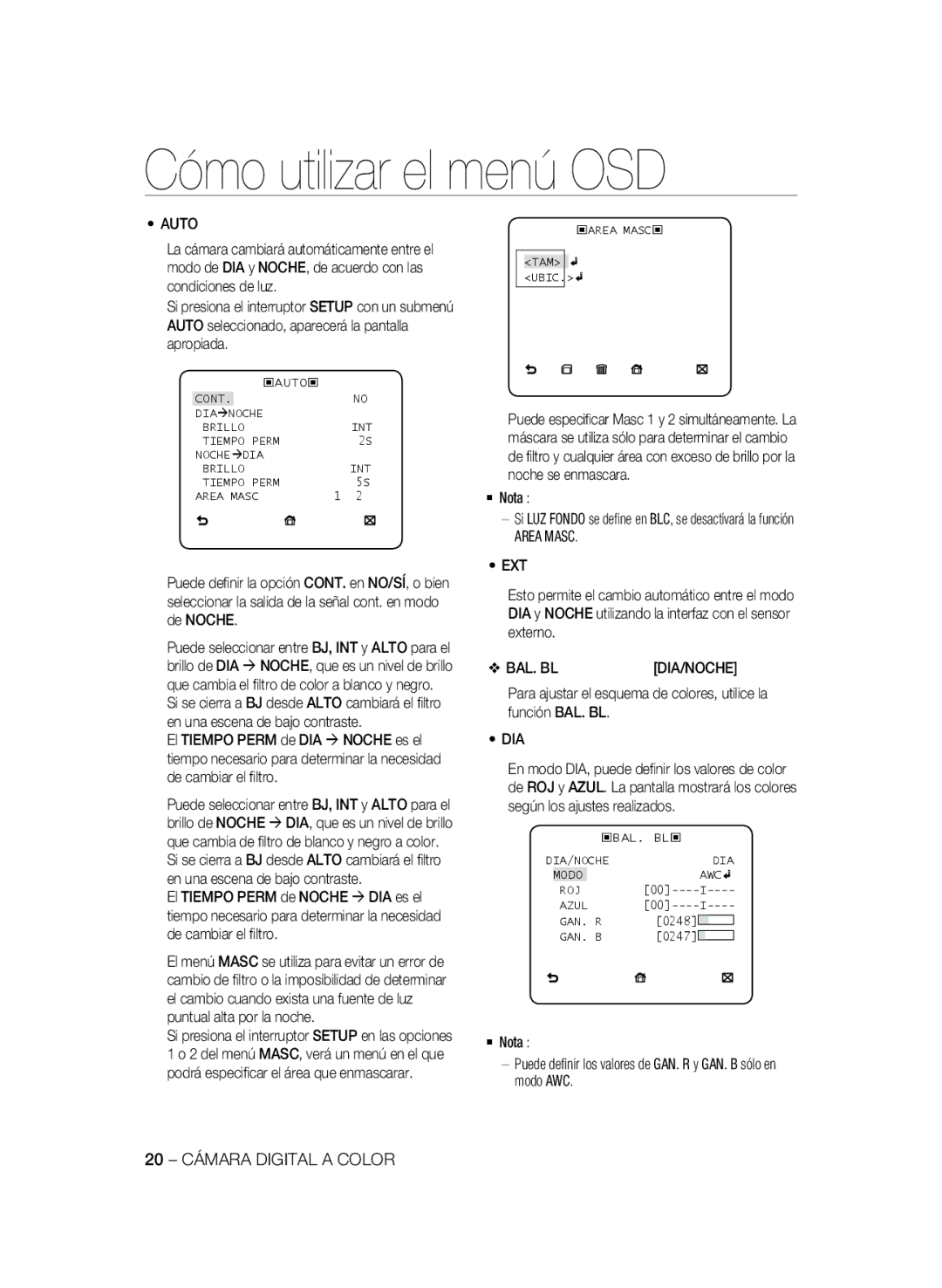 Samsung SCC-B2033P, SCC-B2333P, SCC-B2333BP, SCC-B2033BP manual Area Masc EXT, 20 Cámara Digital a Color, Dia/Noche 