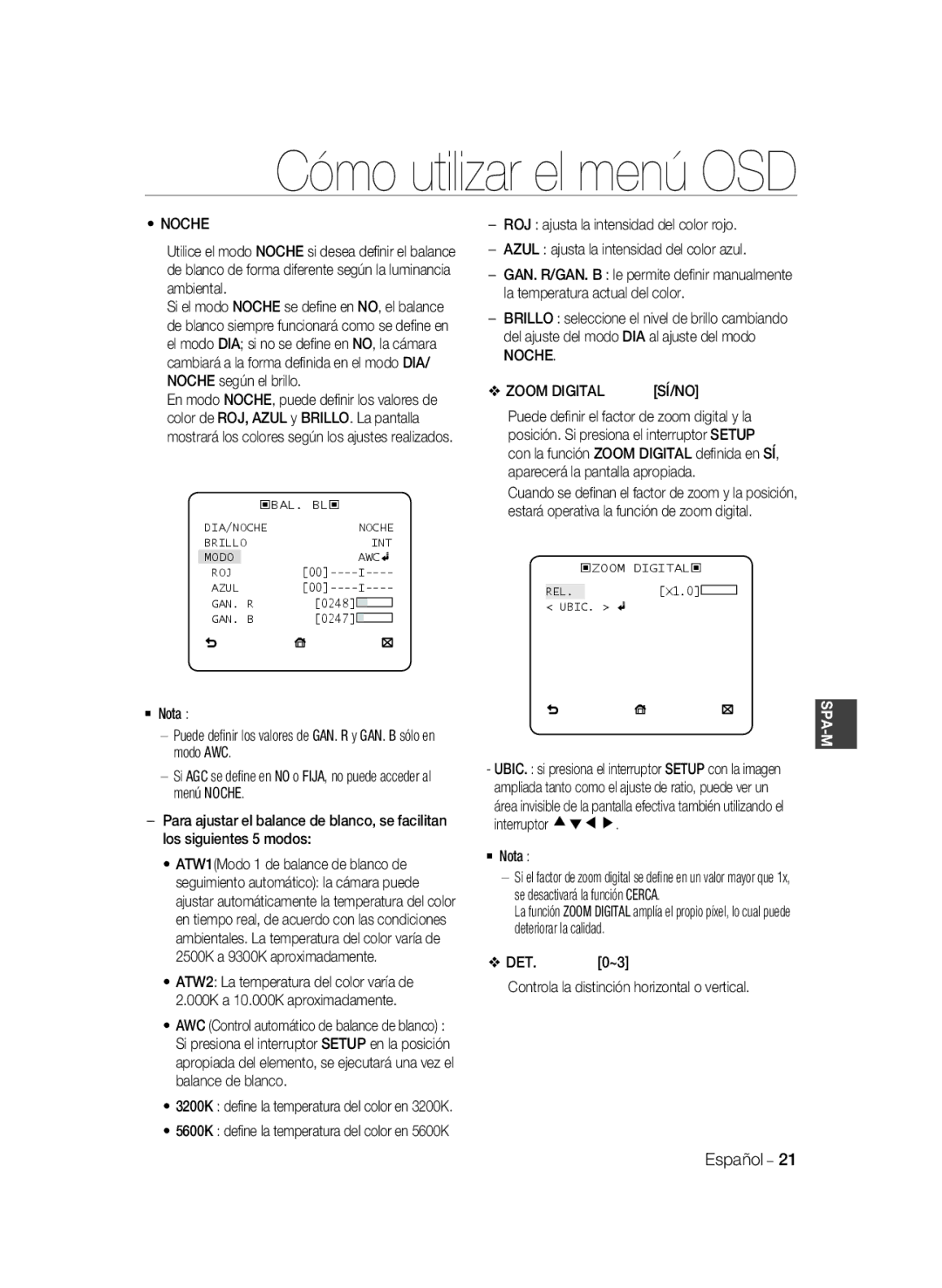 Samsung SCC-B2333P, SCC-B2033P manual Noche Zoom Digital, DET.0~3 Controla la distinción horizontal o vertical Español 