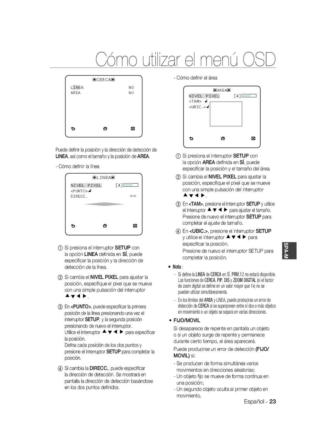 Samsung SCC-B2033BP, SCC-B2033P, SCC-B2333P, SCC-B2333BP manual Cómo deﬁnir la línea, Cómo deﬁnir el área, Fijo/Movil 