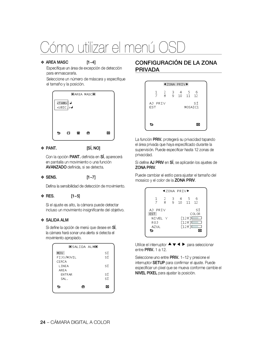 Samsung SCC-B2033P, SCC-B2333P, SCC-B2333BP, SCC-B2033BP manual Configuración DE LA Zona Privada 