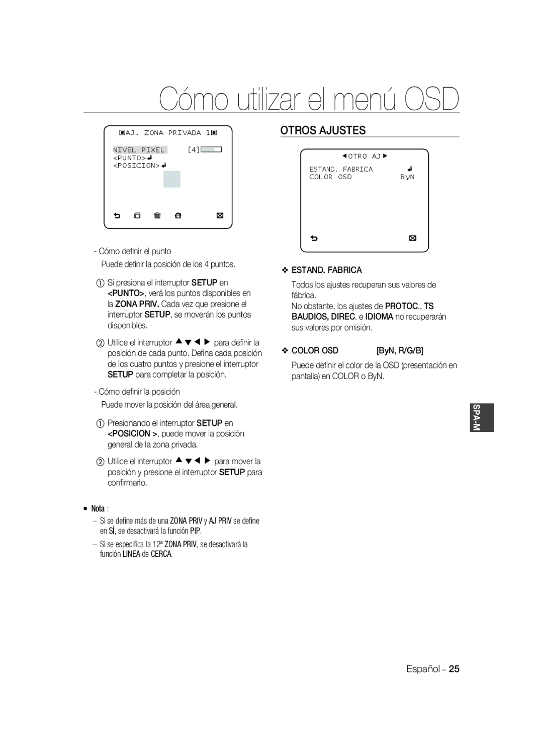 Samsung SCC-B2333P, SCC-B2033P, SCC-B2333BP, SCC-B2033BP Otros Ajustes, Cómo deﬁnir el punto, ESTAND. Fabrica, Color OSD 