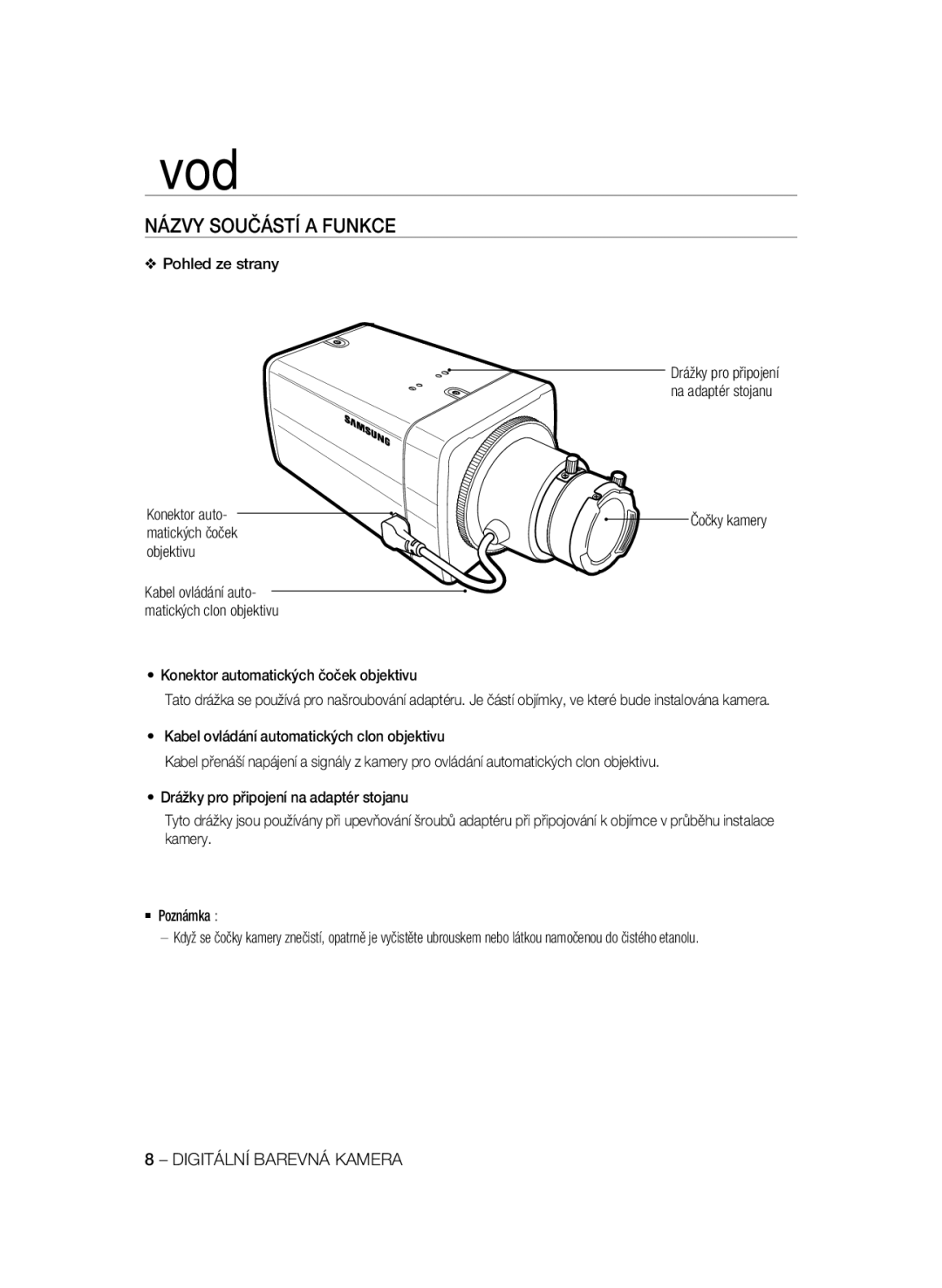 Samsung SCC-B2033P, SCC-B2333P, SCC-B2333BP manual Názvy Součástí a Funkce, Pohled ze strany, Konektor auto, Matických čoček 