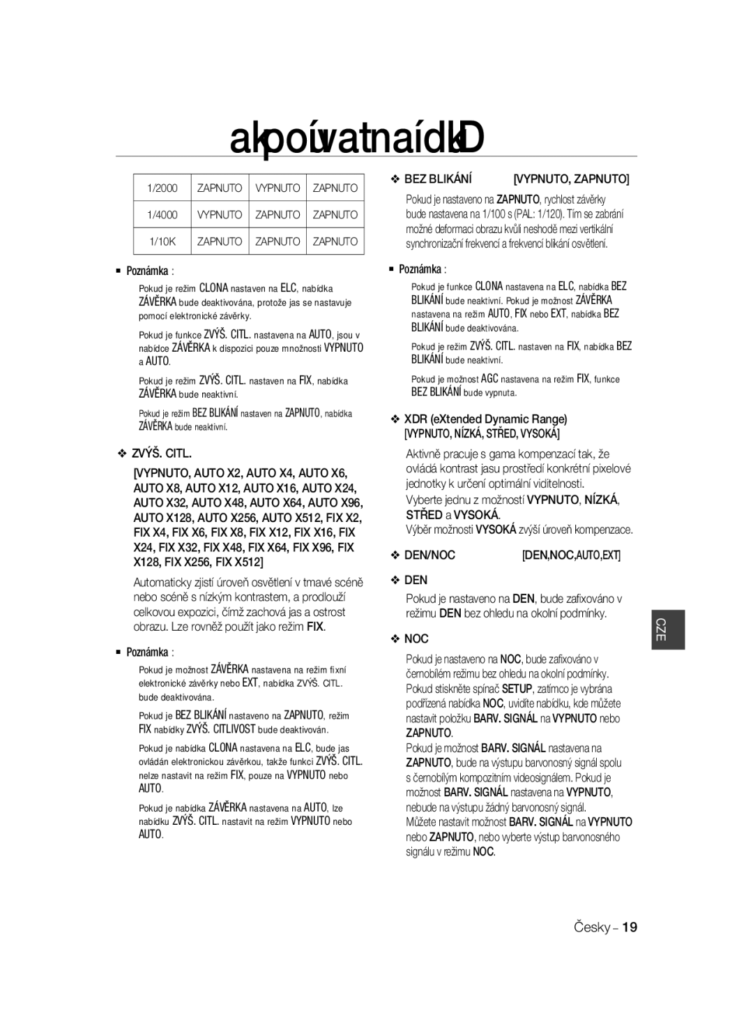 Samsung SCC-B2033BP, SCC-B2033P, SCC-B2333P manual BEZ Blikání, ZVÝŠ. Citl, VYPNUTO, NÍZKÁ, STŘED, Vysoká, Den, Zapnuto 