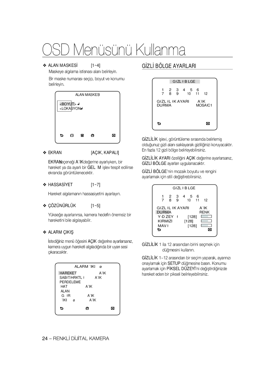 Samsung SCC-B2033P, SCC-B2333P, SCC-B2333BP, SCC-B2033BP Gİzlİ Bölge Ayarlari, Ekran, Hassasİyet, Çözünürlük, Alarm Çikiş 