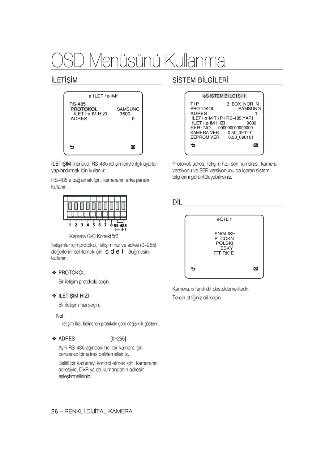 Samsung SCC-B2333BP, SCC-B2033P, SCC-B2333P, SCC-B2033BP manual Sİstem Bİlgİlerİ, Dil, İletİşİm Hizi 