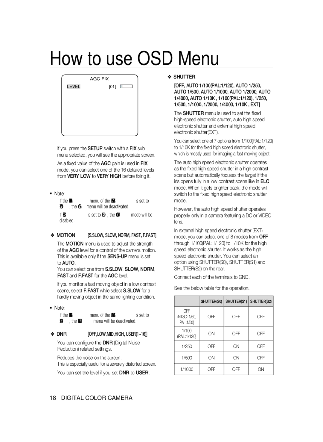 Samsung SCC-B2333BP, SCC-B2033P, SCC-B2333P, SCC-B2033BP manual Motion, Dnr, Reduces the noise on the screen, Shutter, Off 