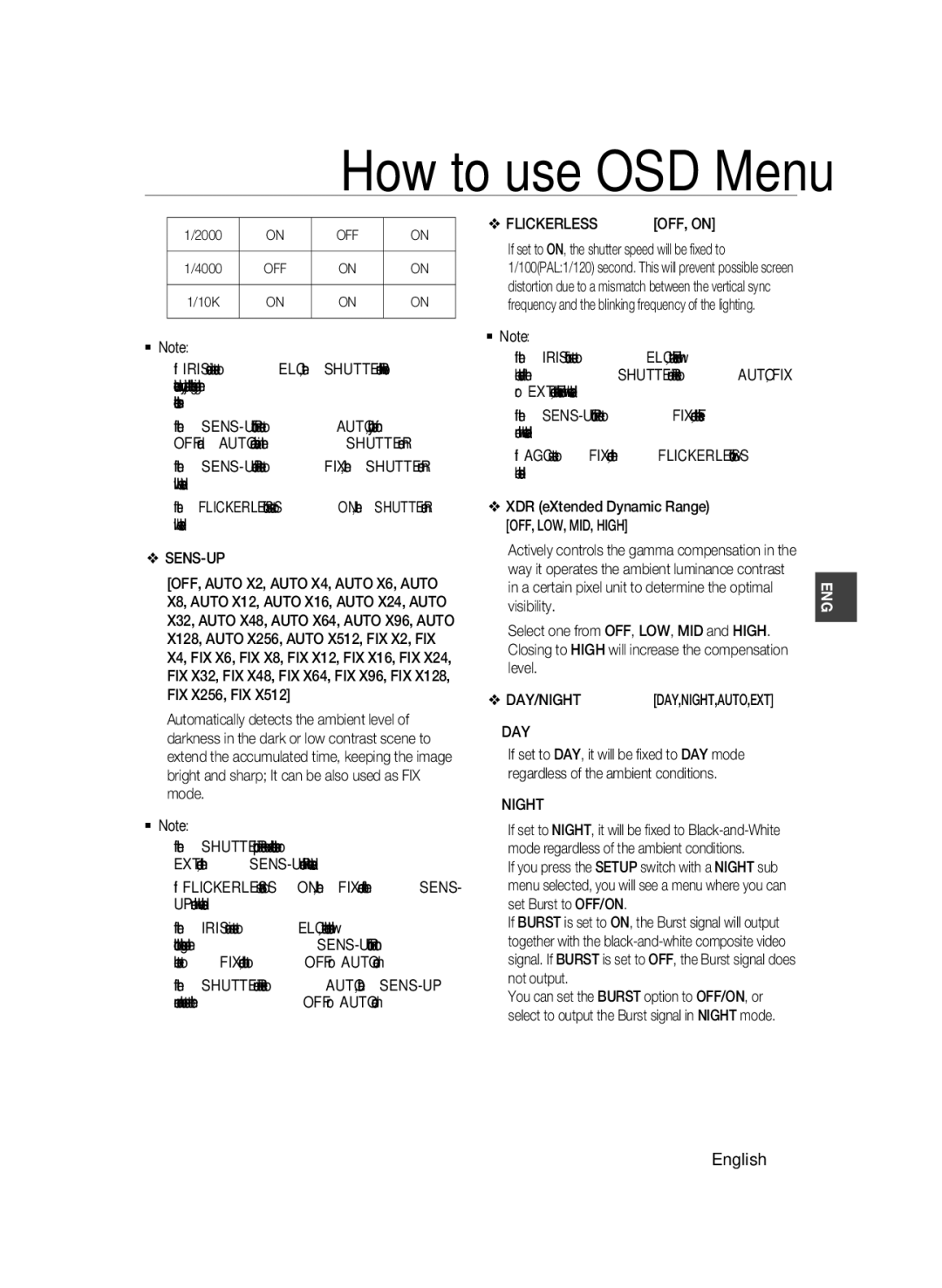 Samsung SCC-B2033BP, SCC-B2033P, SCC-B2333P, SCC-B2333BP manual Sens-Up, Flickerless, Day, Night 