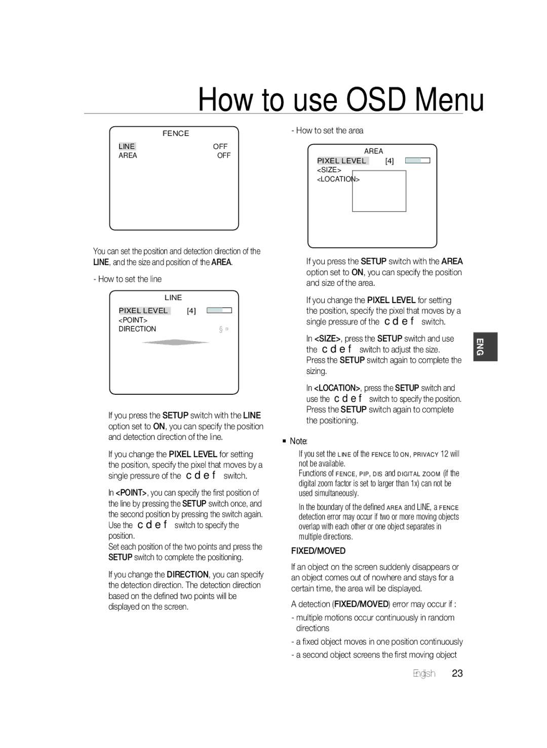 Samsung SCC-B2033BP, SCC-B2033P, SCC-B2333P, SCC-B2333BP manual How to set the line, How to set the area, Sizing, Fixed/Moved 