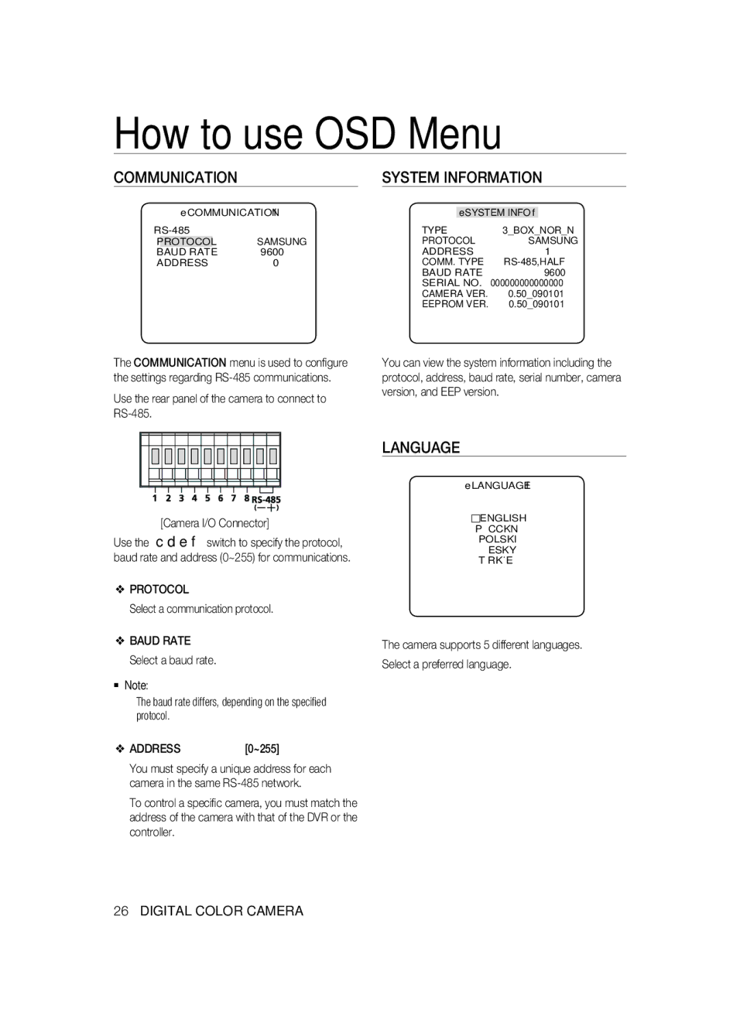 Samsung SCC-B2333BP, SCC-B2033P, SCC-B2333P, SCC-B2033BP manual Communication, System Information, Language, Protocol, Address 