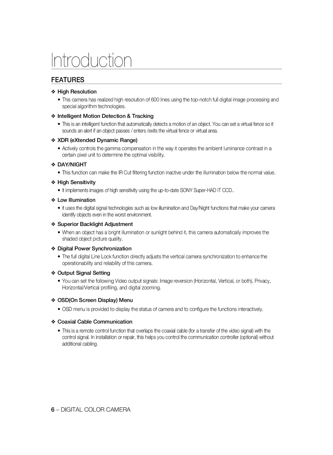 Samsung SCC-B2333BP, SCC-B2033P, SCC-B2333P, SCC-B2033BP manual Introduction, Features, Day/Night 