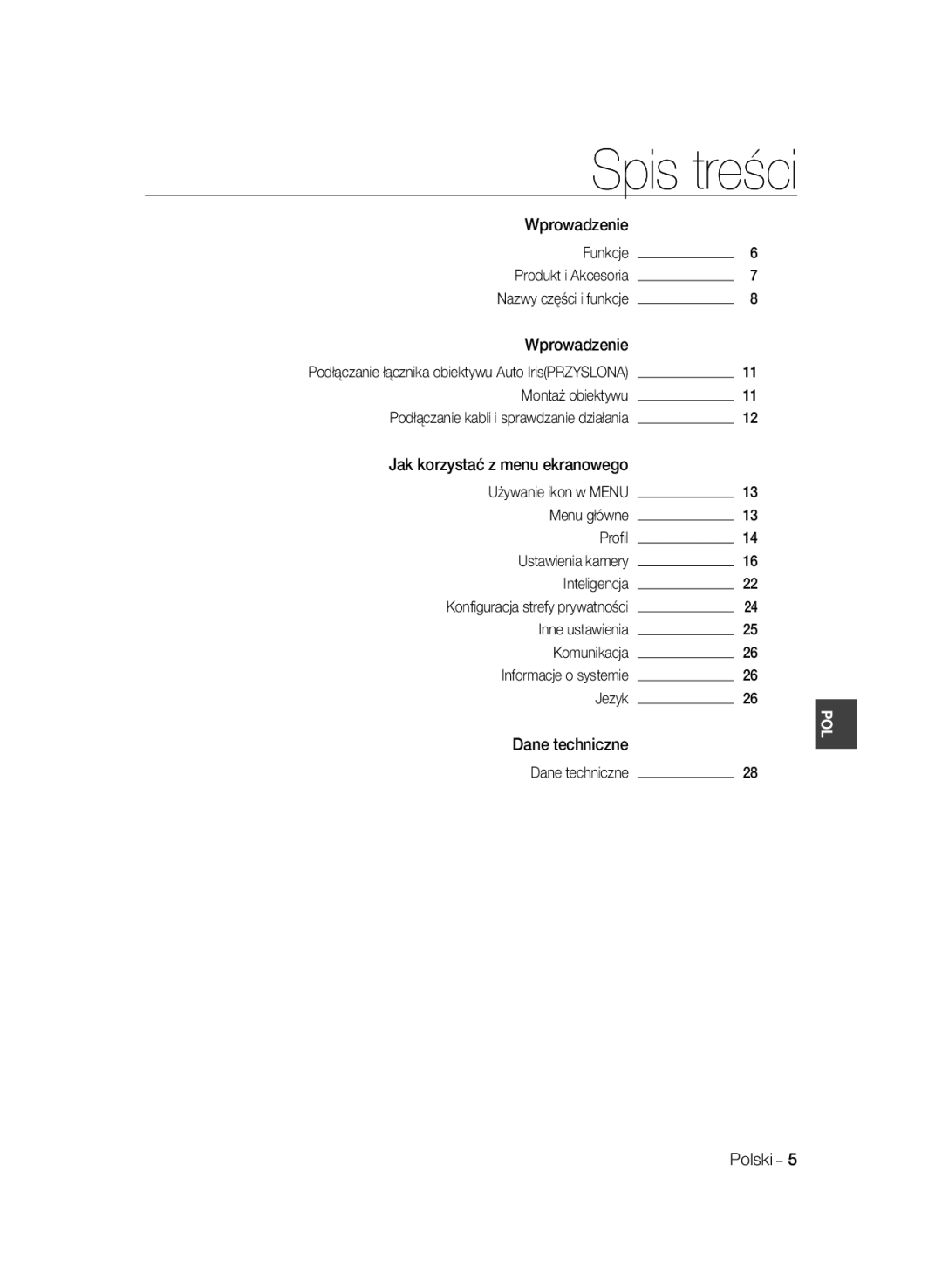 Samsung SCC-B2333P, SCC-B2033P, SCC-B2333BP, SCC-B2033BP manual Spis treści 