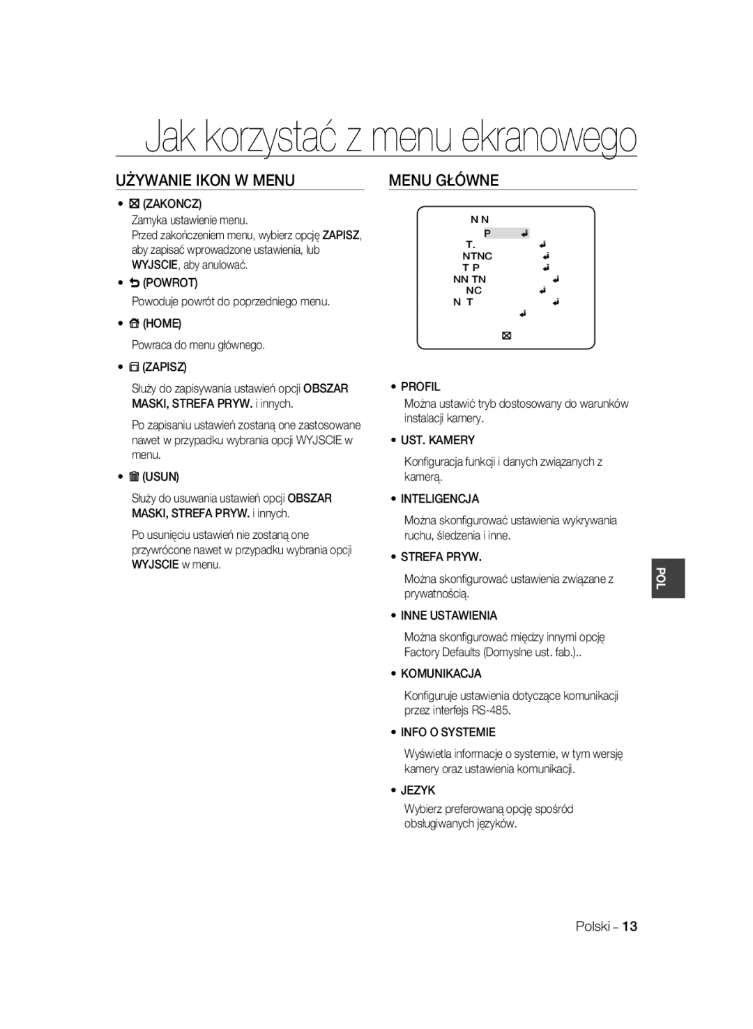 Samsung SCC-B2333P, SCC-B2033P, SCC-B2333BP, SCC-B2033BP manual Używanie Ikon W Menu, Menu Główne 