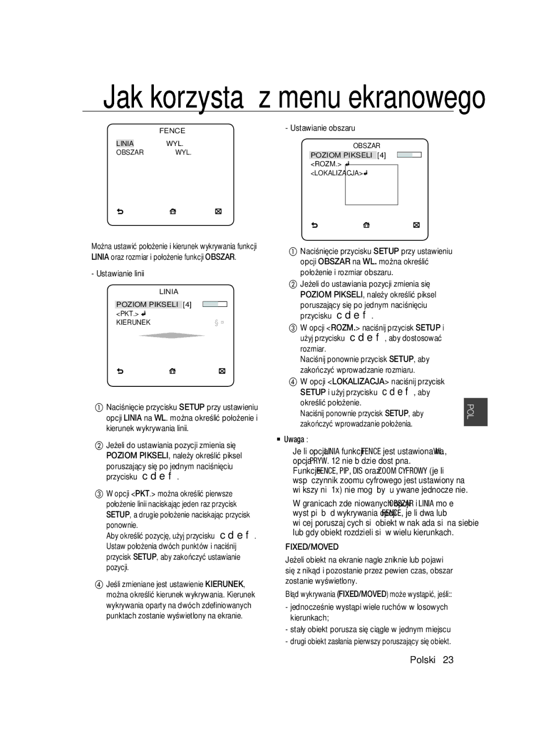 Samsung SCC-B2033BP Ustawianie linii, Ustawianie obszaru, Setup i użyj przycisku cdef, aby Określić położenie, Kierunkach 