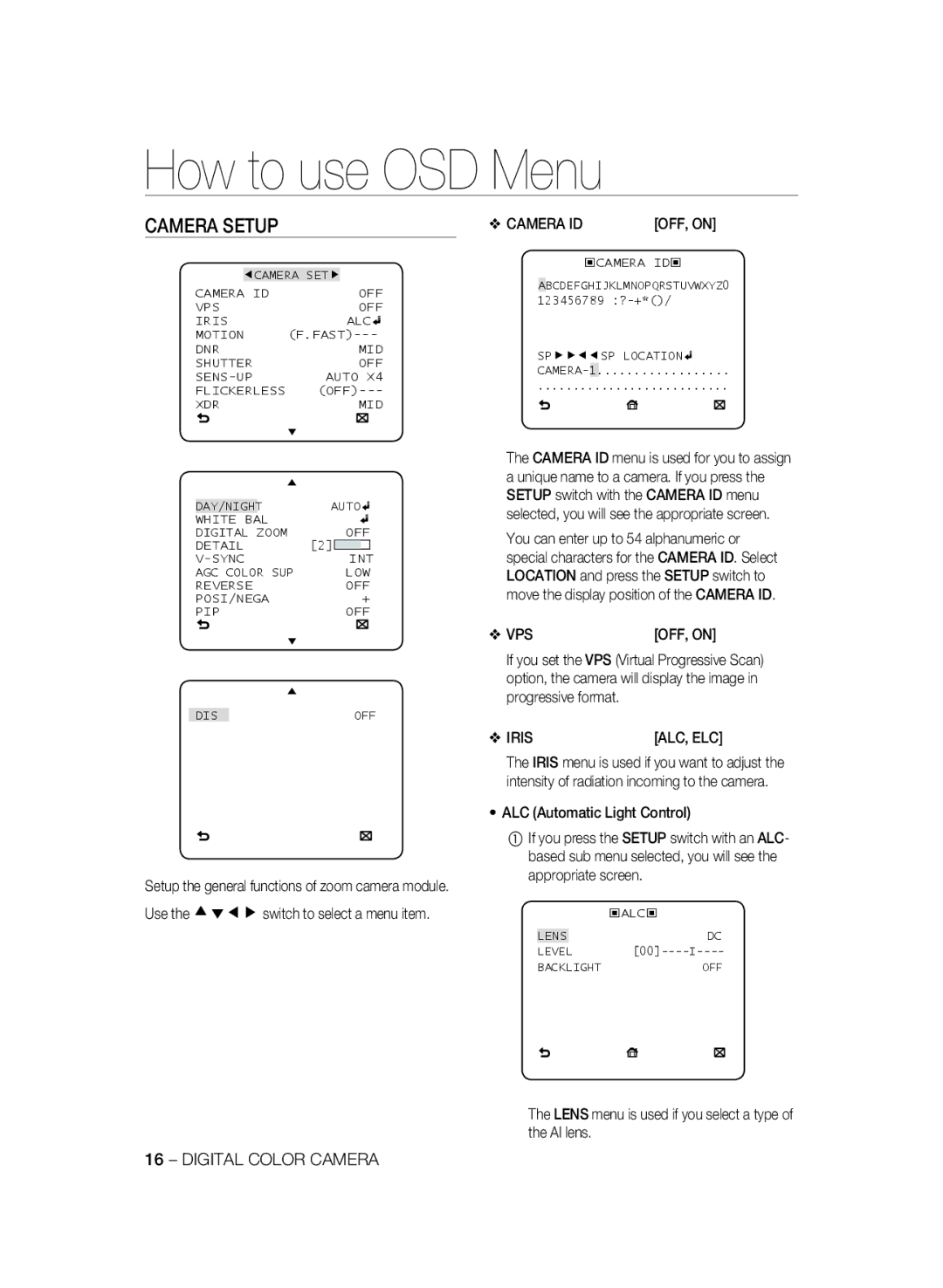 Samsung SCC-B2035P user manual Camera Setup, Vps, Iris, Lens menu is used if you select a type of the AI lens 