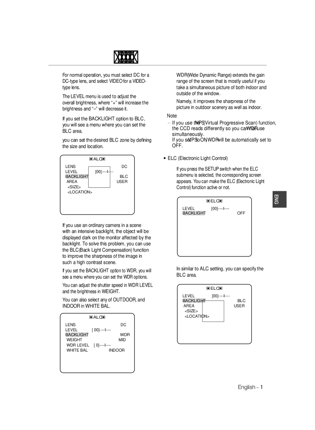 Samsung SCC-B2035P user manual  Note, ② In similar to ALC setting, you can specify the BLC area 