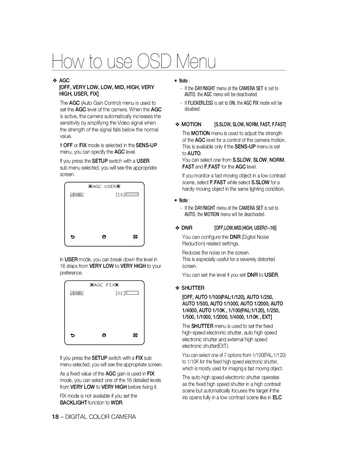 Samsung SCC-B2035P user manual AGC OFF, Very LOW, LOW, MID, HIGH, Very HIGH, USER, FIX, Motion, Dnr, Shutter 