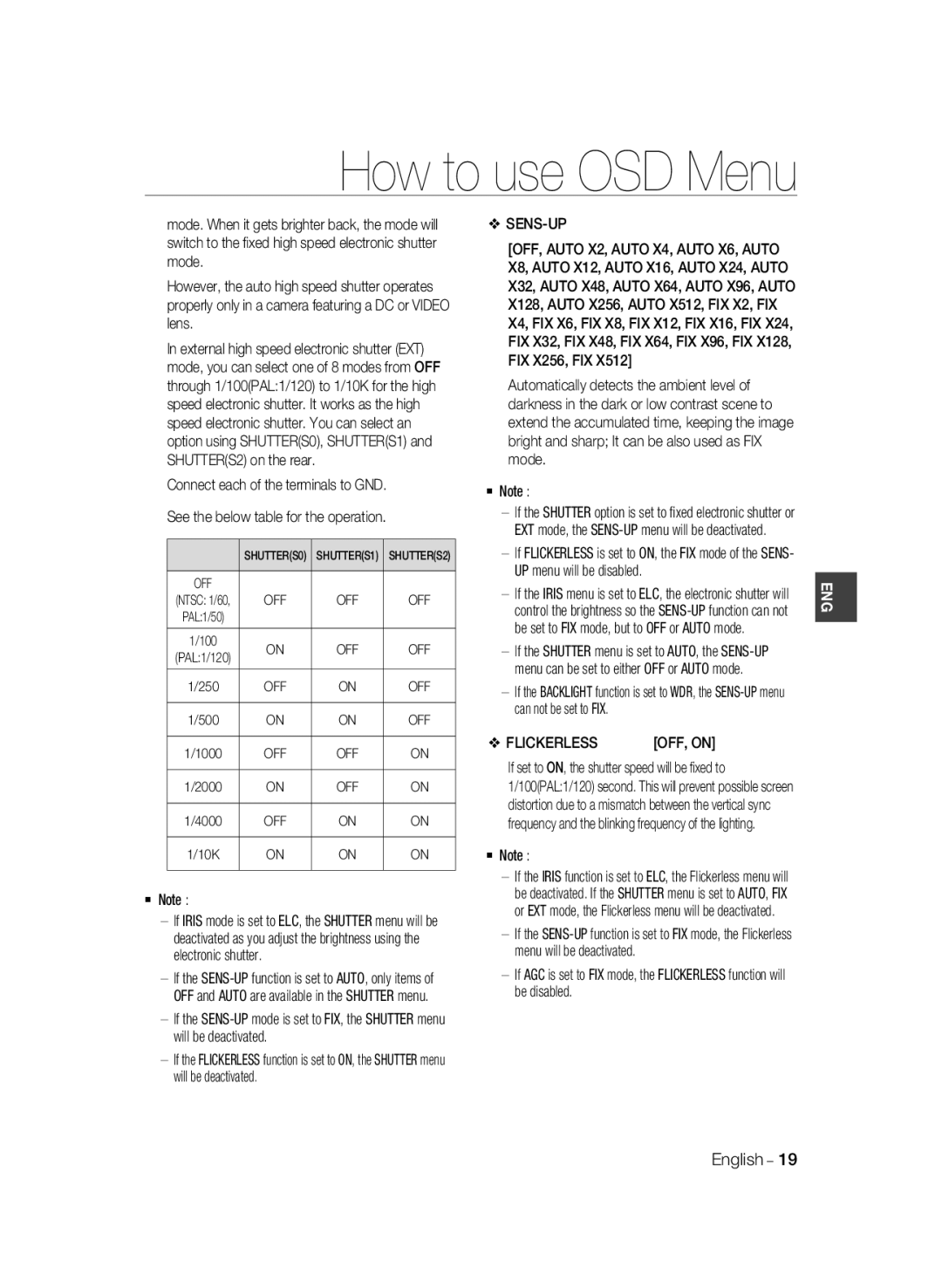 Samsung SCC-B2035P user manual Sens-Up, Flickerless 