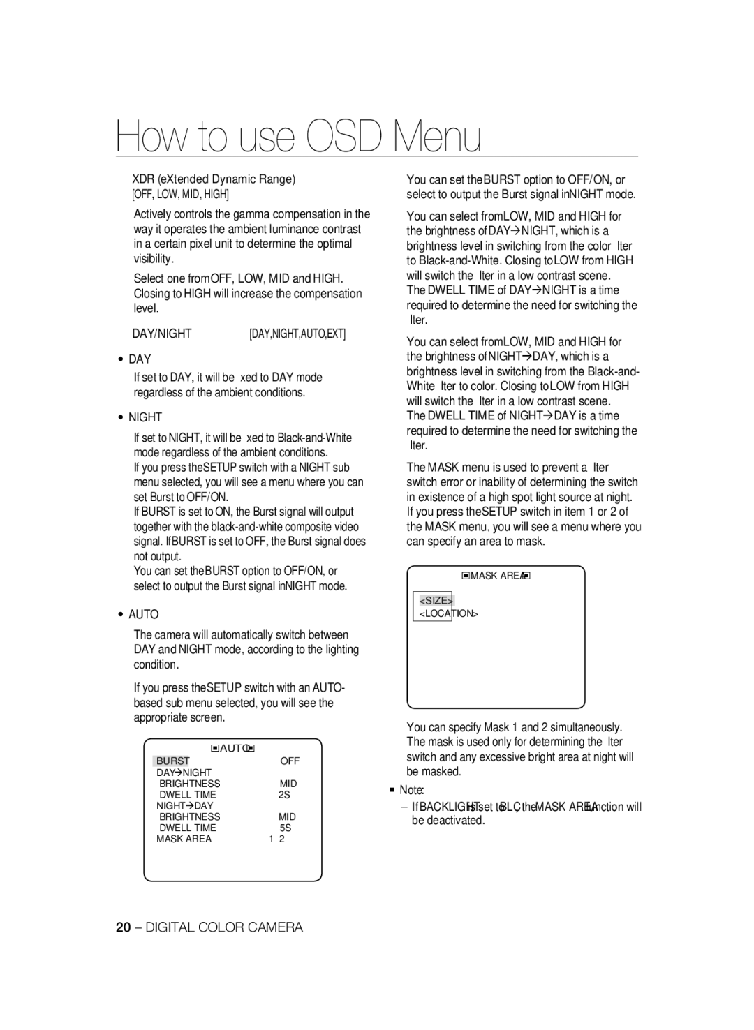 Samsung SCC-B2035P user manual Day, Night, Auto 