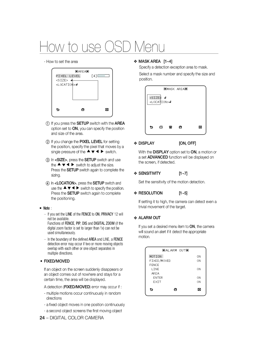 Samsung SCC-B2035P user manual Fixed/Moved, Display, Sensitivity, Resolution, Alarm OUT 