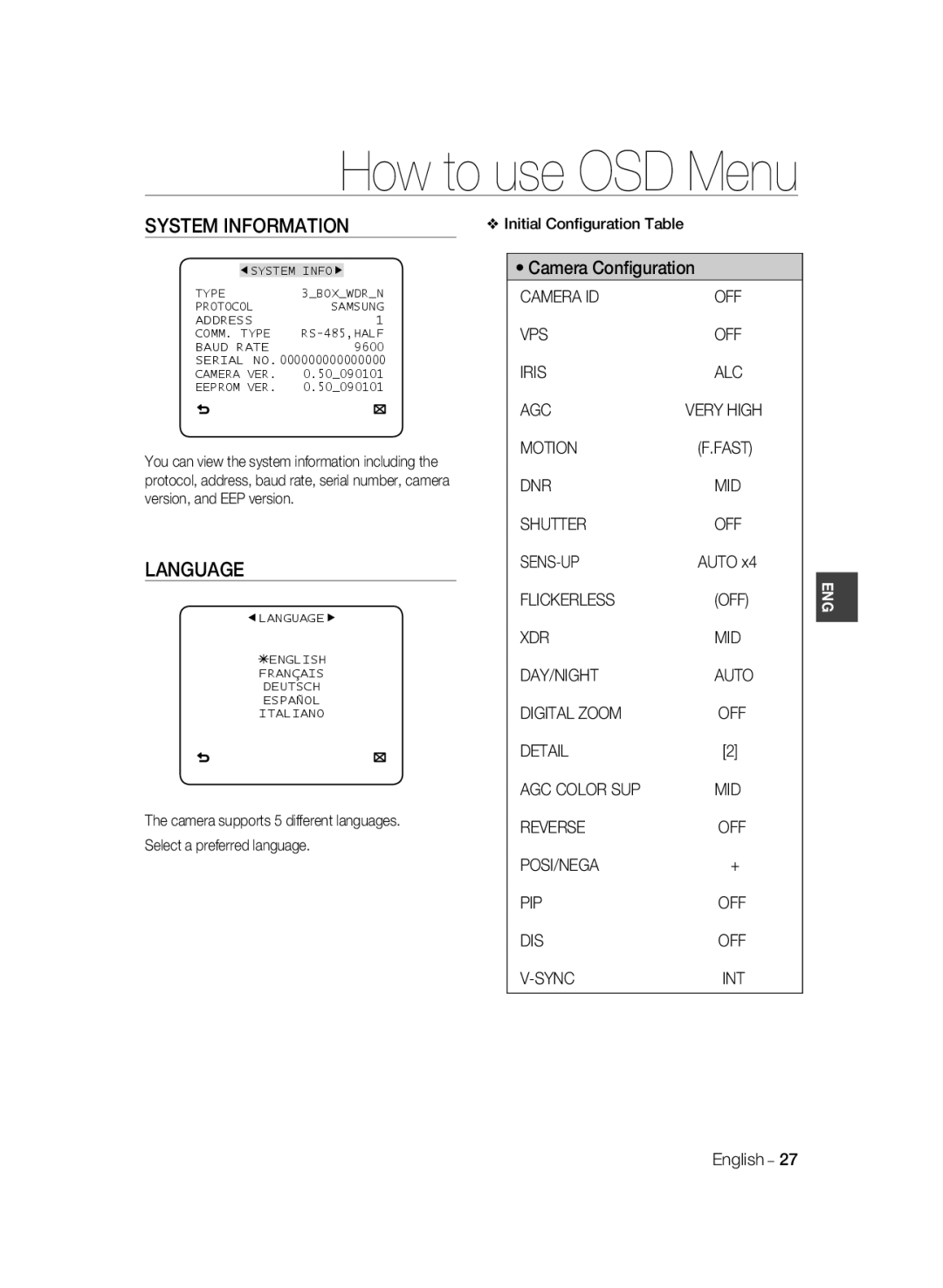 Samsung SCC-B2035P user manual System Information, Language 