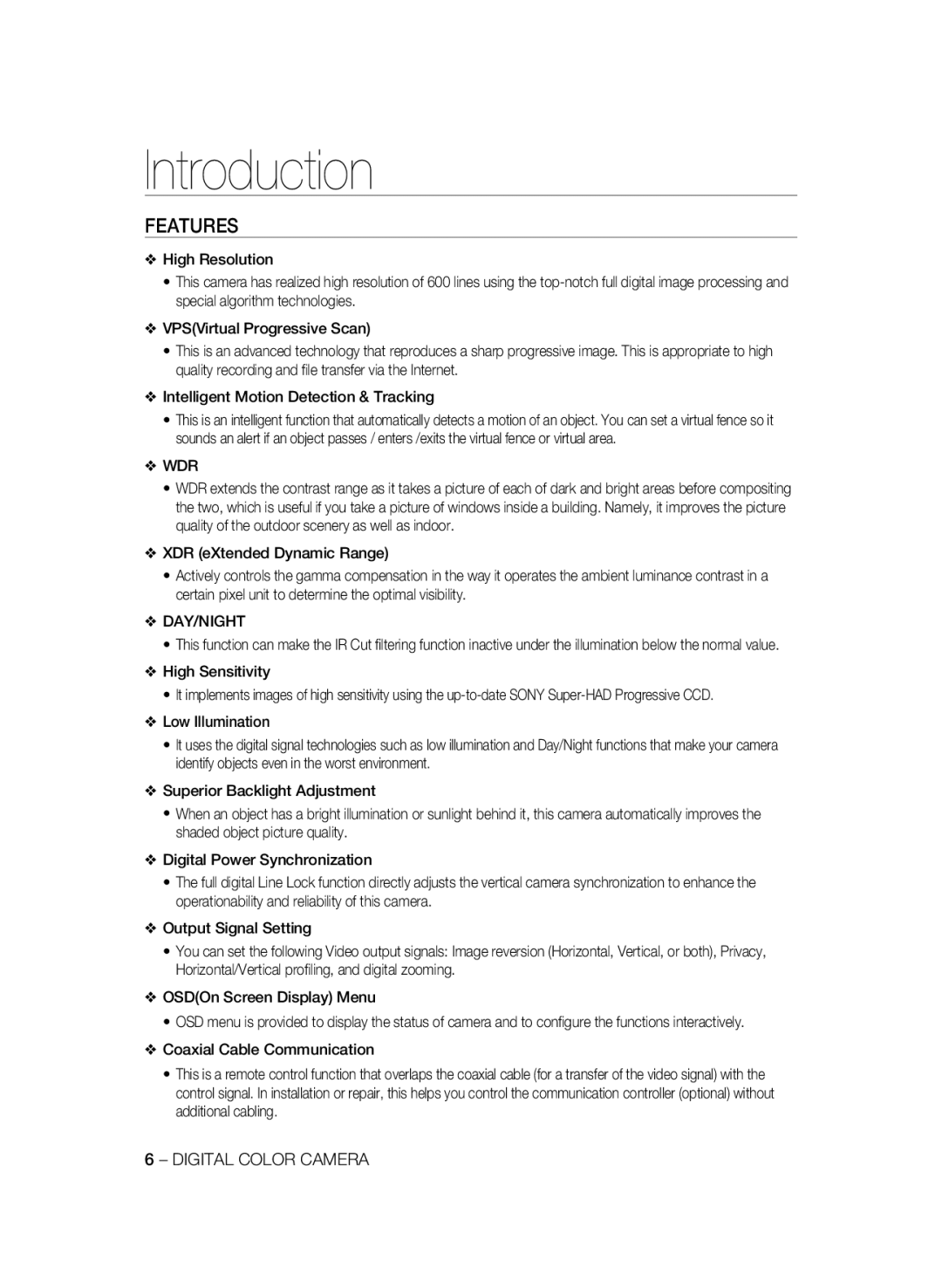 Samsung SCC-B2035P user manual Introduction, Features, Wdr, Day/Night, High Sensitivity 