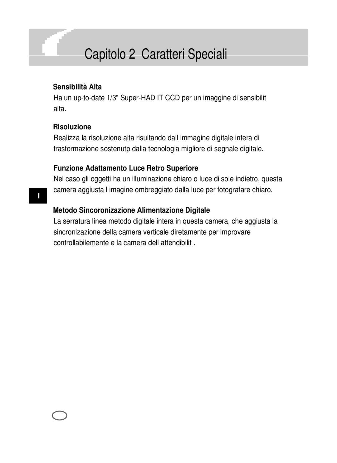 Samsung SCC-B2391P Capitolo 2 Caratteri Speciali, Sensibilità Alta, Risoluzione, Funzione Adattamento Luce Retro Superiore 