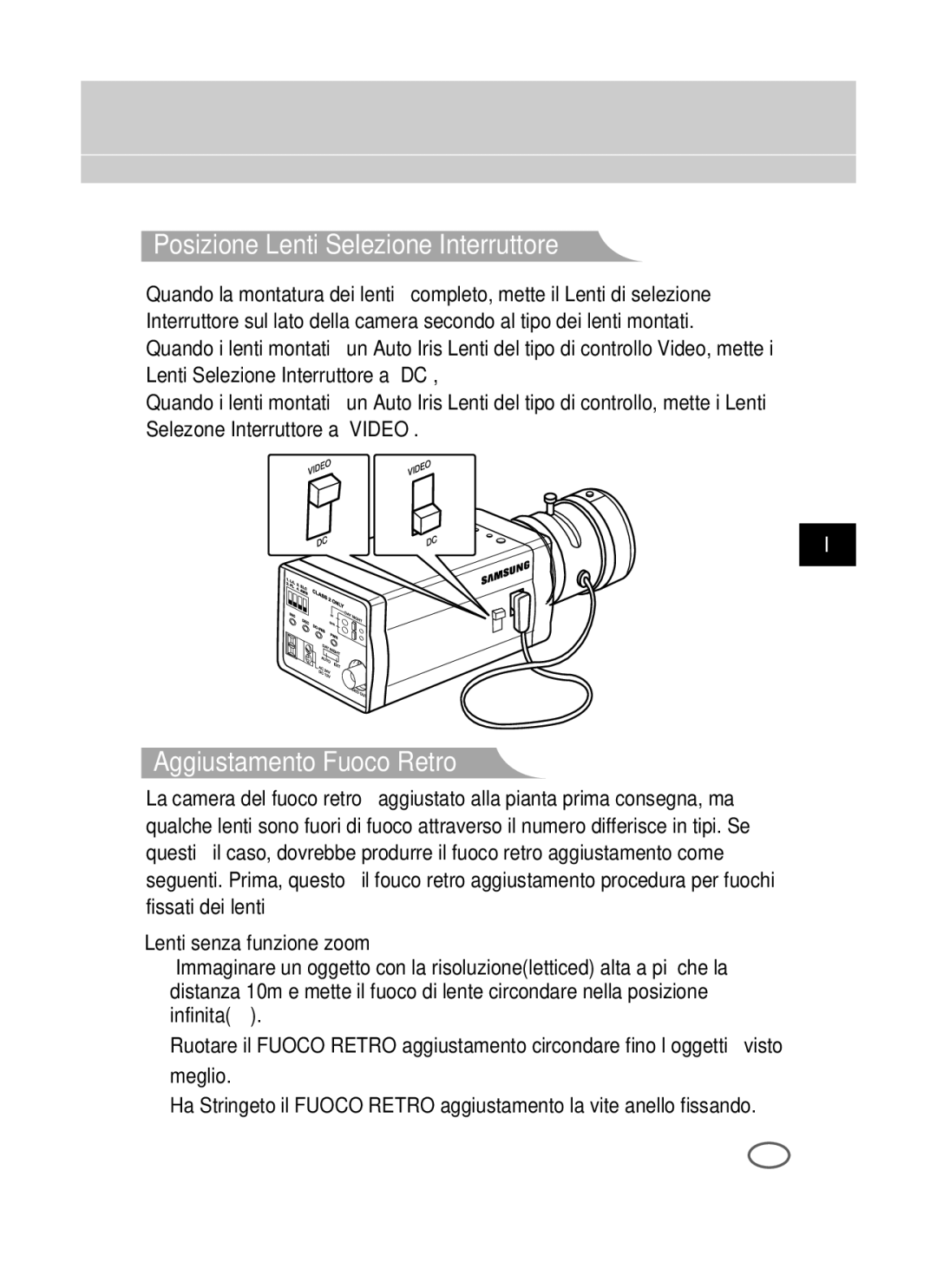 Samsung SCC-B2391P manual Posizione Lenti Selezione Interruttore, Aggiustamento Fuoco Retro, Lenti senza funzione zoom 