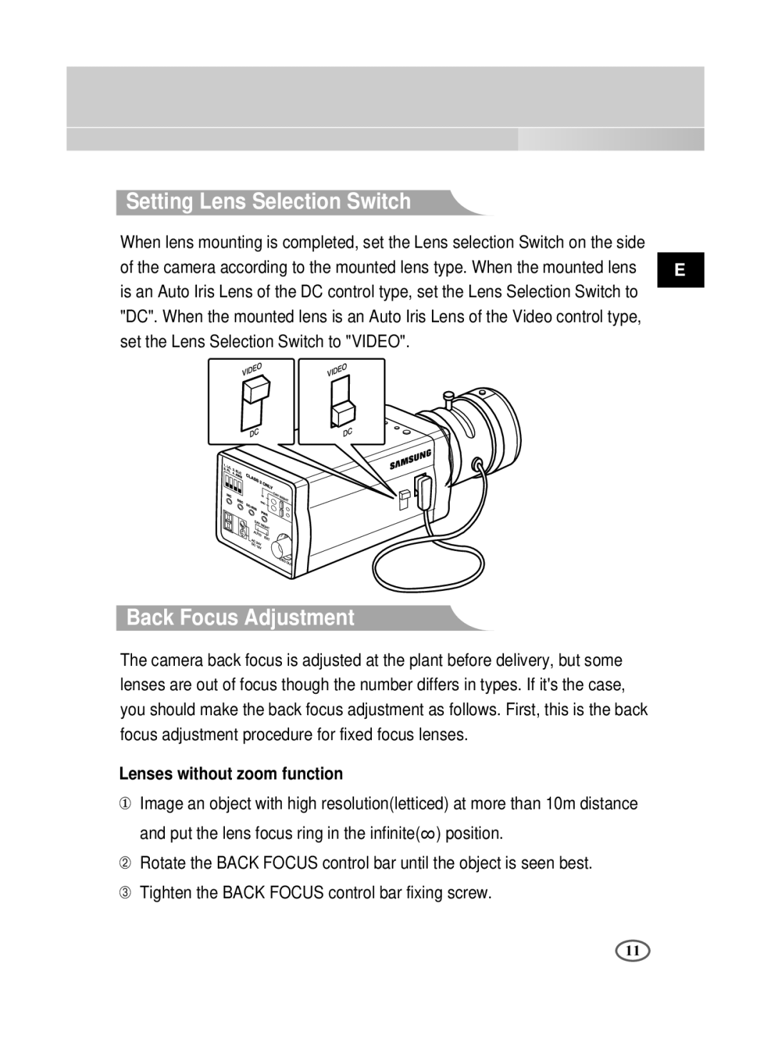 Samsung SCC-B2391P/SAU, SCC-B2091P manual Setting Lens Selection Switch, Back Focus Adjustment, Lenses without zoom function 