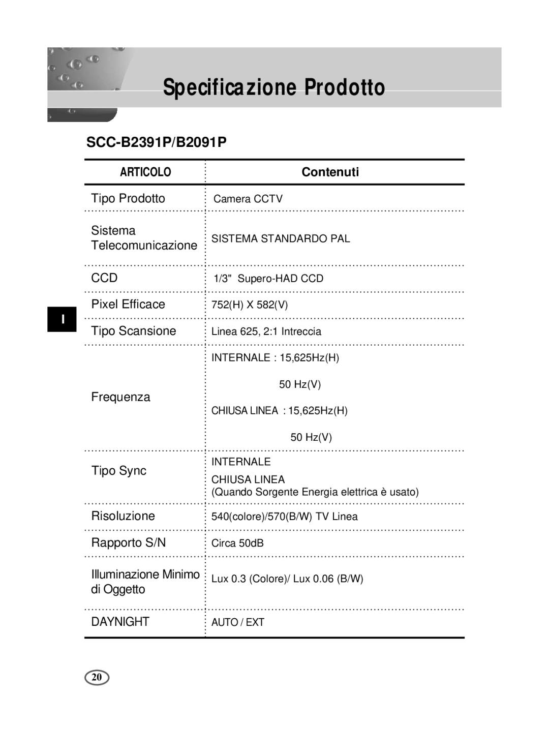 Samsung SCC-B2391P/SAU, SCC-B2391N, SCC-B2091P/TRK manual Specificazione Prodotto, Contenuti 