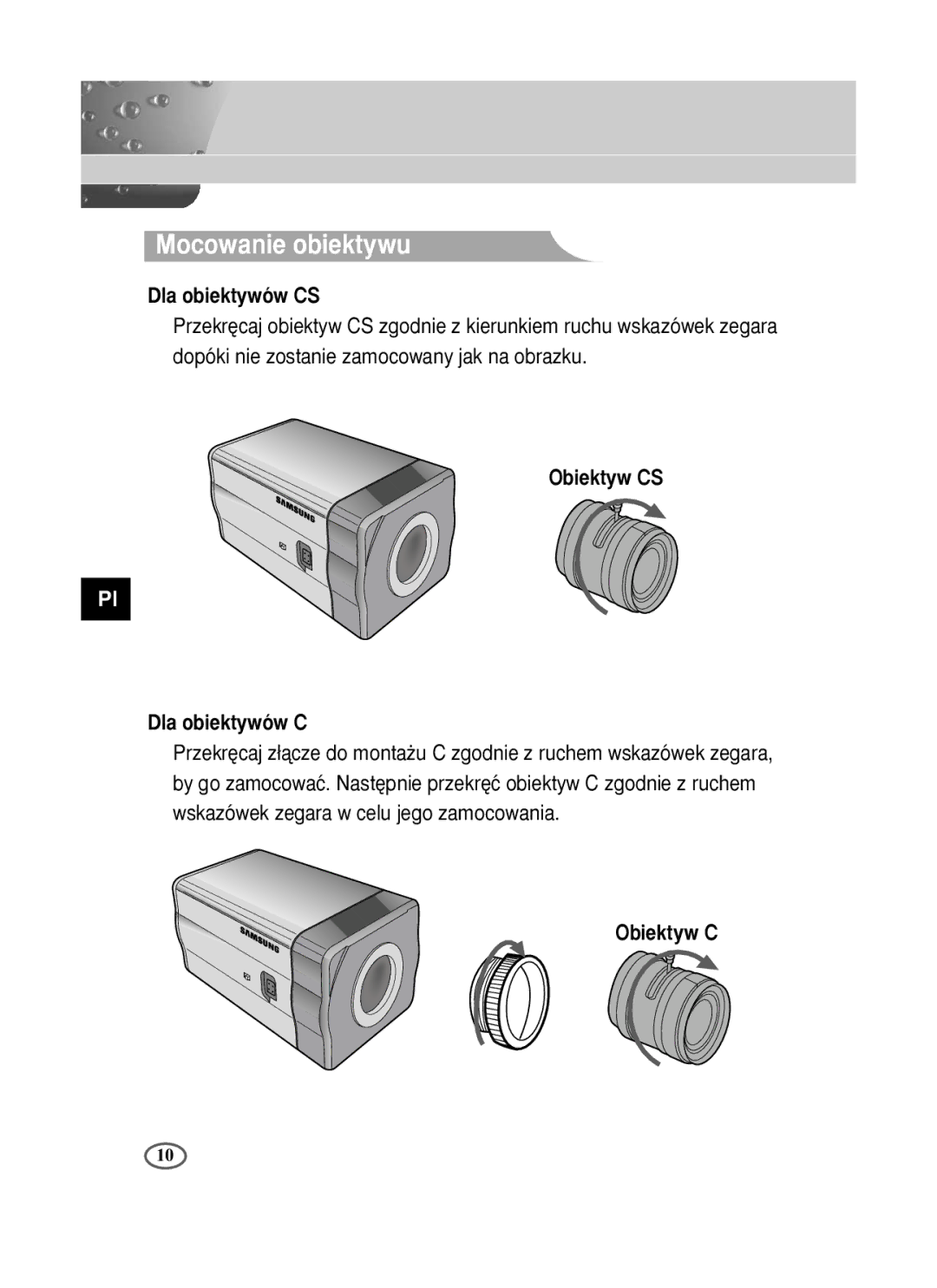 Samsung SCC-B2391P/SAU, SCC-B2391N, SCC-B2091P/TRK manual Mocowanie obiektywu 