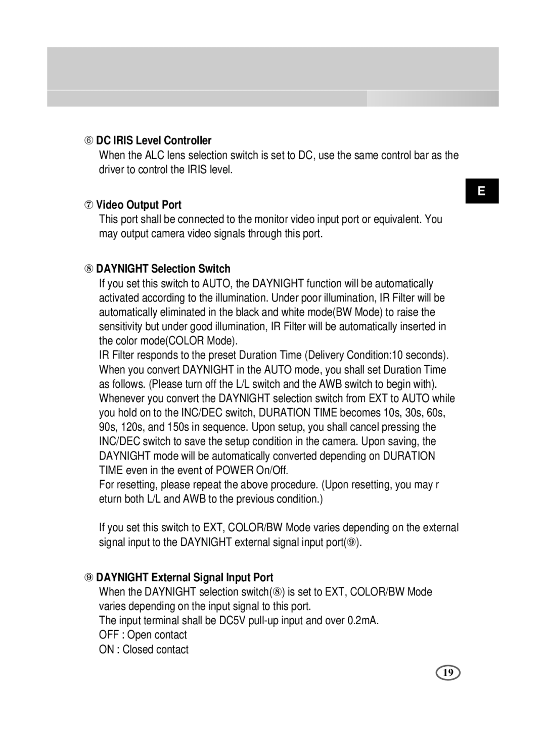 Samsung SCC-B2091P/TRK, SCC-B2391P/SAU manual ➅ DC Iris Level Controller, ⑦ Video Output Port, ⑧ Daynight Selection Switch 