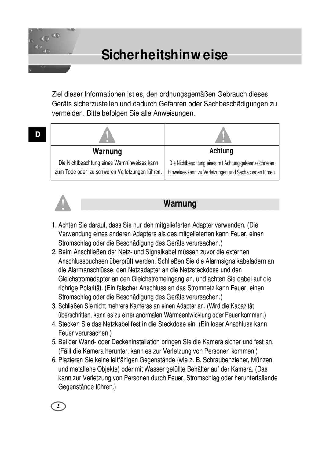 Samsung SCC-B2391P/SAU, SCC-B2391N, SCC-B2091P/TRK manual Sicherheitshinweise, Warnung, Achtung 