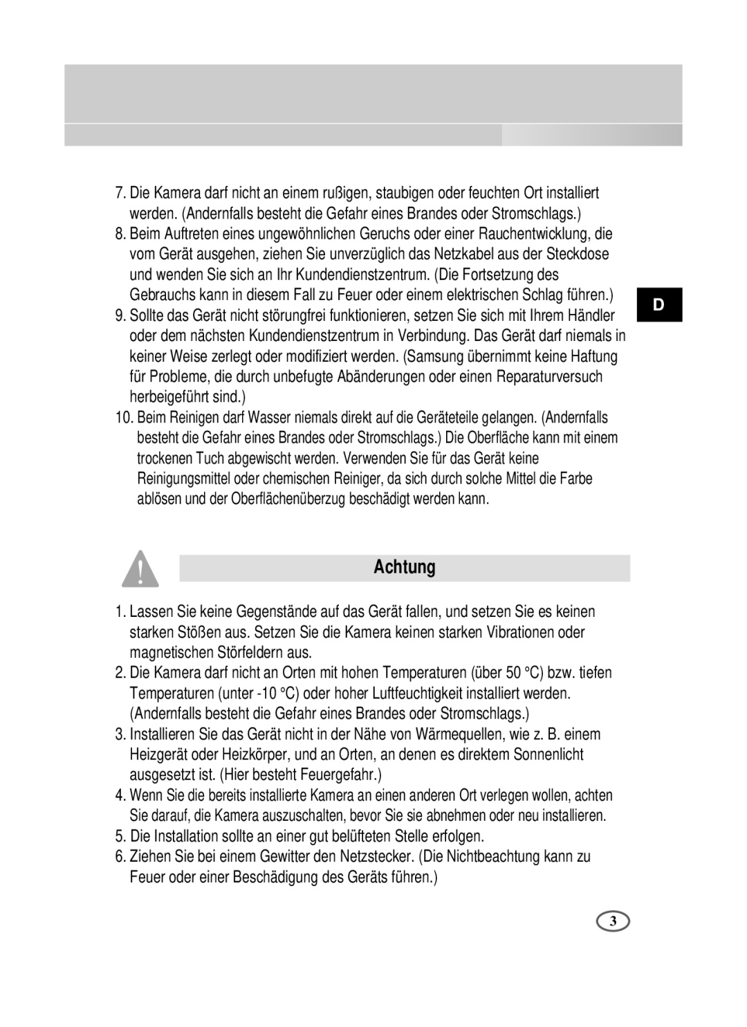 Samsung SCC-B2391P/SAU, SCC-B2391N, SCC-B2091P/TRK manual Achtung 