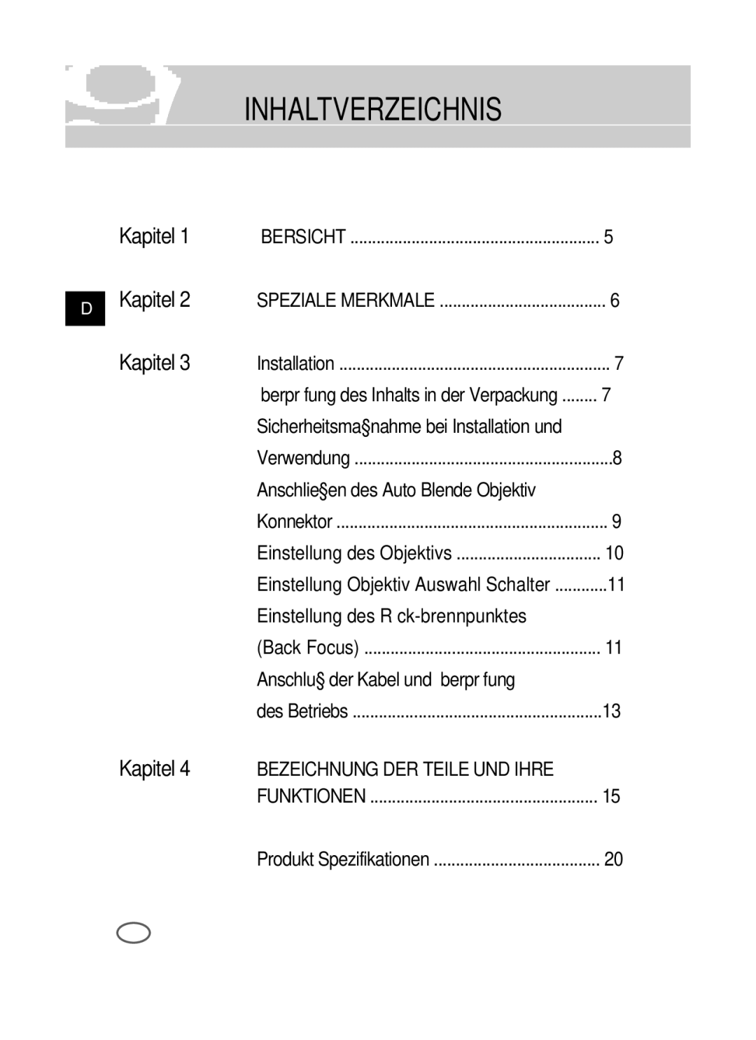 Samsung SCC-B2391N, SCC-B2391P/SAU, SCC-B2091P/TRK manual Inhaltverzeichnis 