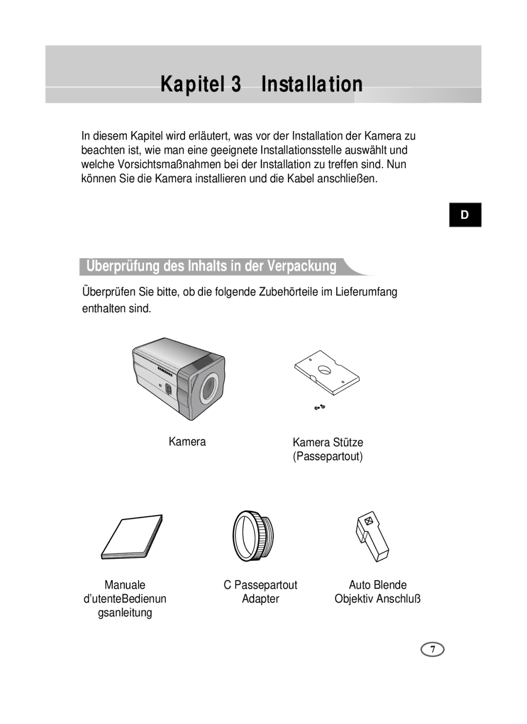 Samsung SCC-B2391P/SAU, SCC-B2091P, SCC-B2391N manual Kapitel 3 Installation, Überprüfung des Inhalts in der Verpackung 