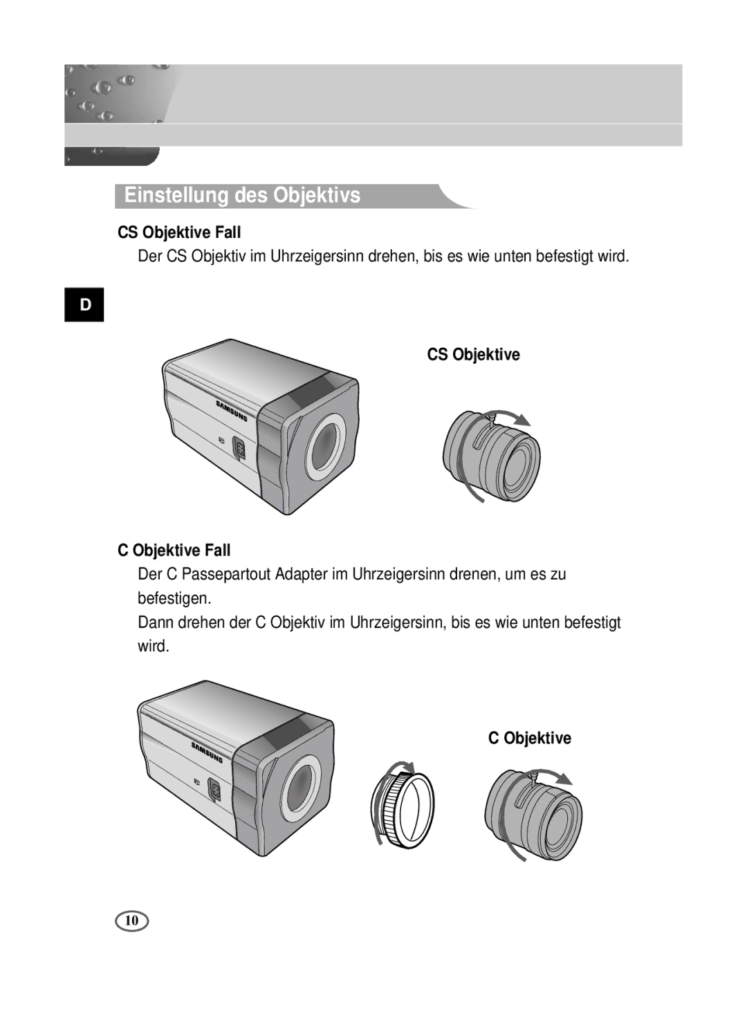 Samsung SCC-B2091P/TRK, SCC-B2391P/SAU manual Einstellung des Objektivs, CS Objektive Fall, CS Objektive Objektive Fall 