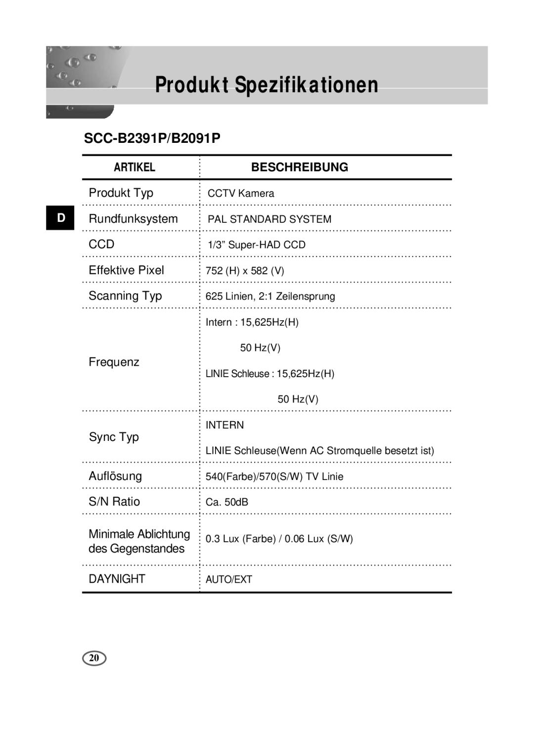 Samsung SCC-B2091P/TRK, SCC-B2391P/SAU, SCC-B2391N manual Produkt Spezifikationen, SCC-B2391P/B2091P, Produkt Typ 